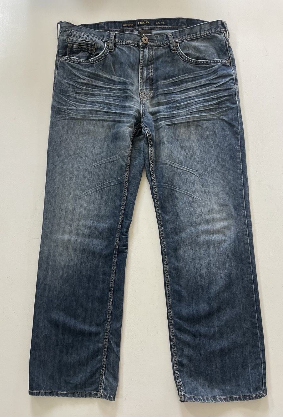 Helix Loose Straight Leg Jeans Dark Wash Contrast Stitch 38W 32L Embroidered